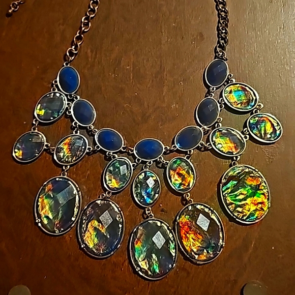 Blue Ocean & Green Turquoise Opalscent  Statement Necklace, Adjustable Length - Picture 3 of 8